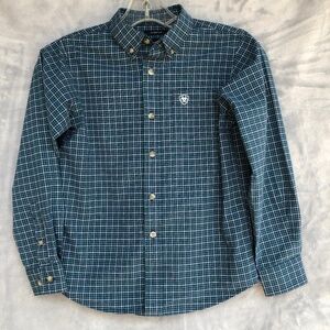 Ariat Pro Series Shirt Boys Size Small Blue Green White Plaid Logo Botton Down
